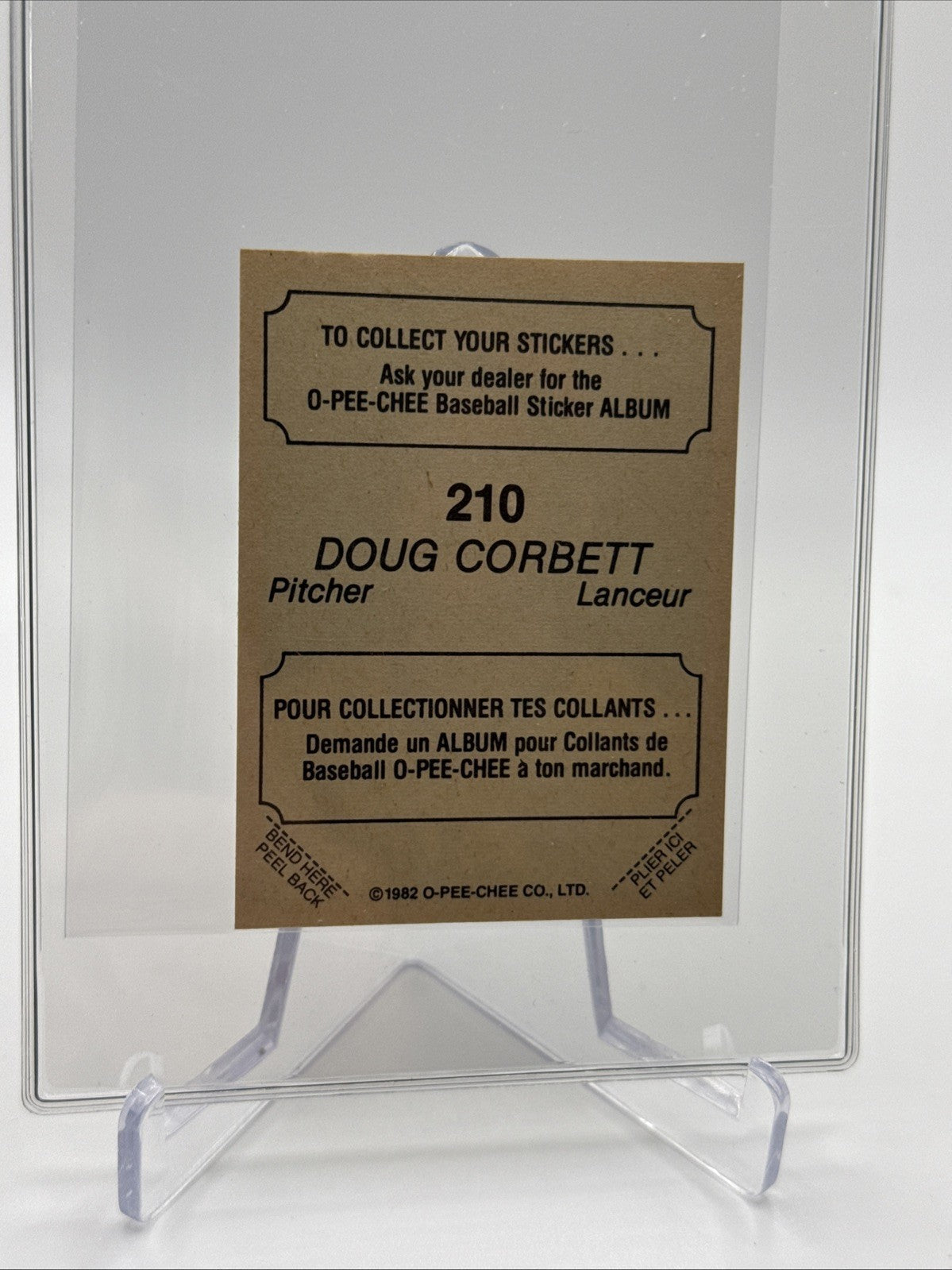 1982 O-Pee-Chee Stickers Doug Corbett Baseball Card #210 NM-MT FREE SHIPPING