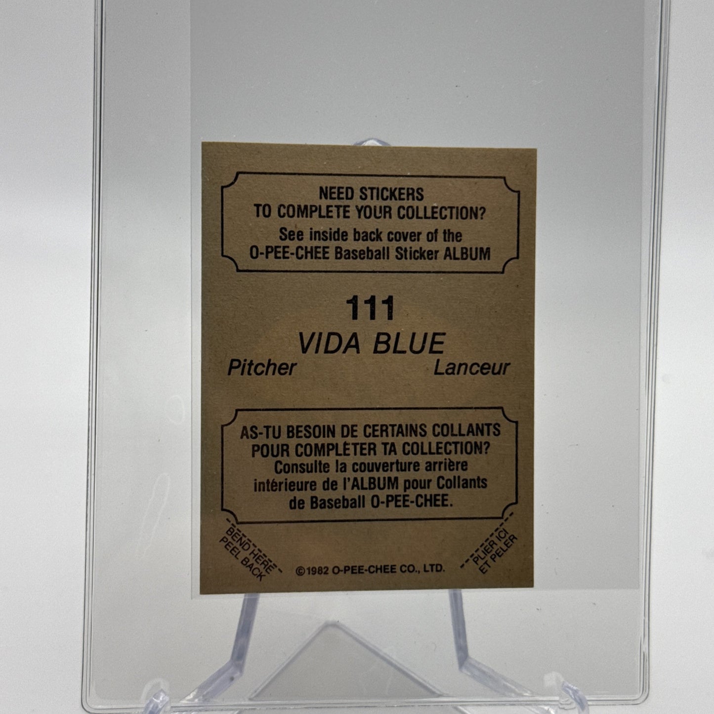 1982 O-Pee-Chee Stickers Vida Blue Baseball Card #111 NM-MT FREE SHIPPING