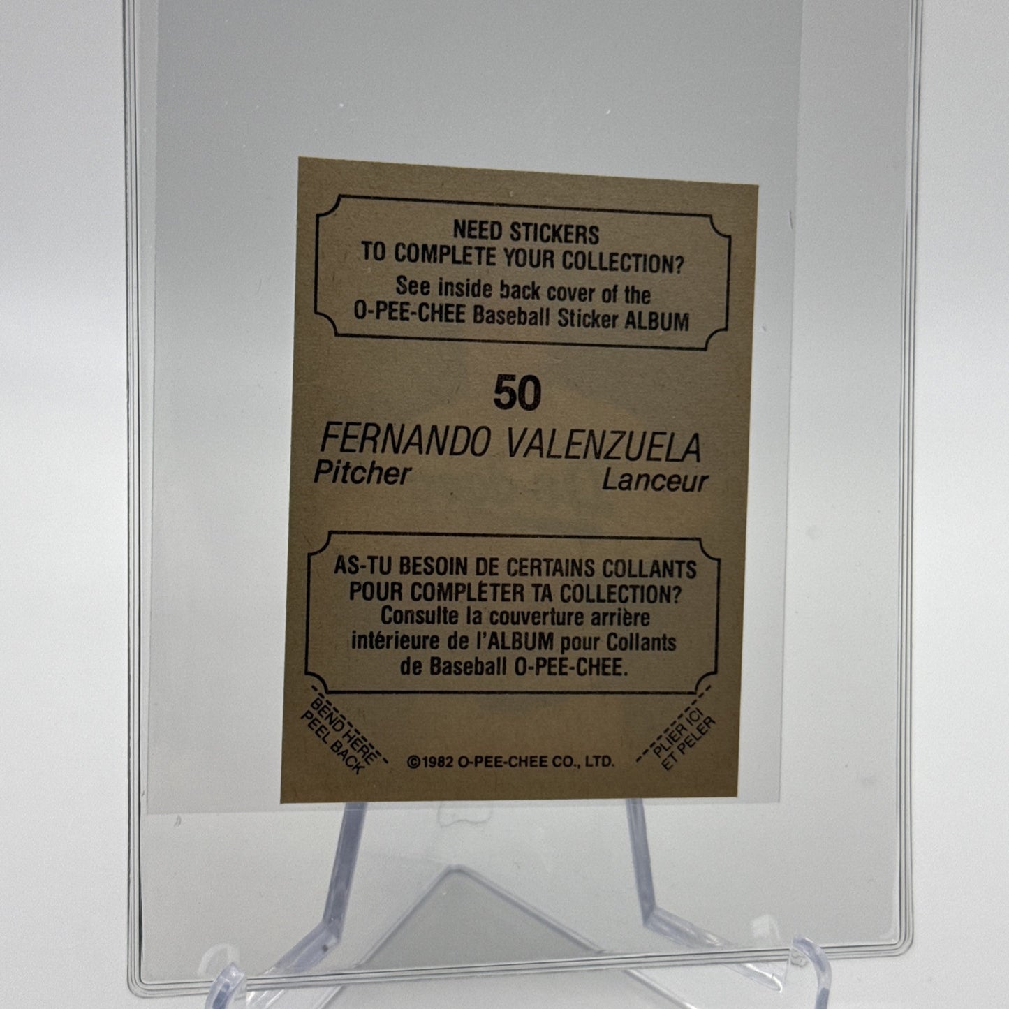 1982 O-Pee-Chee Stickers Fernando Valenzuela Card #50 NM-MT FREE SHIPPING