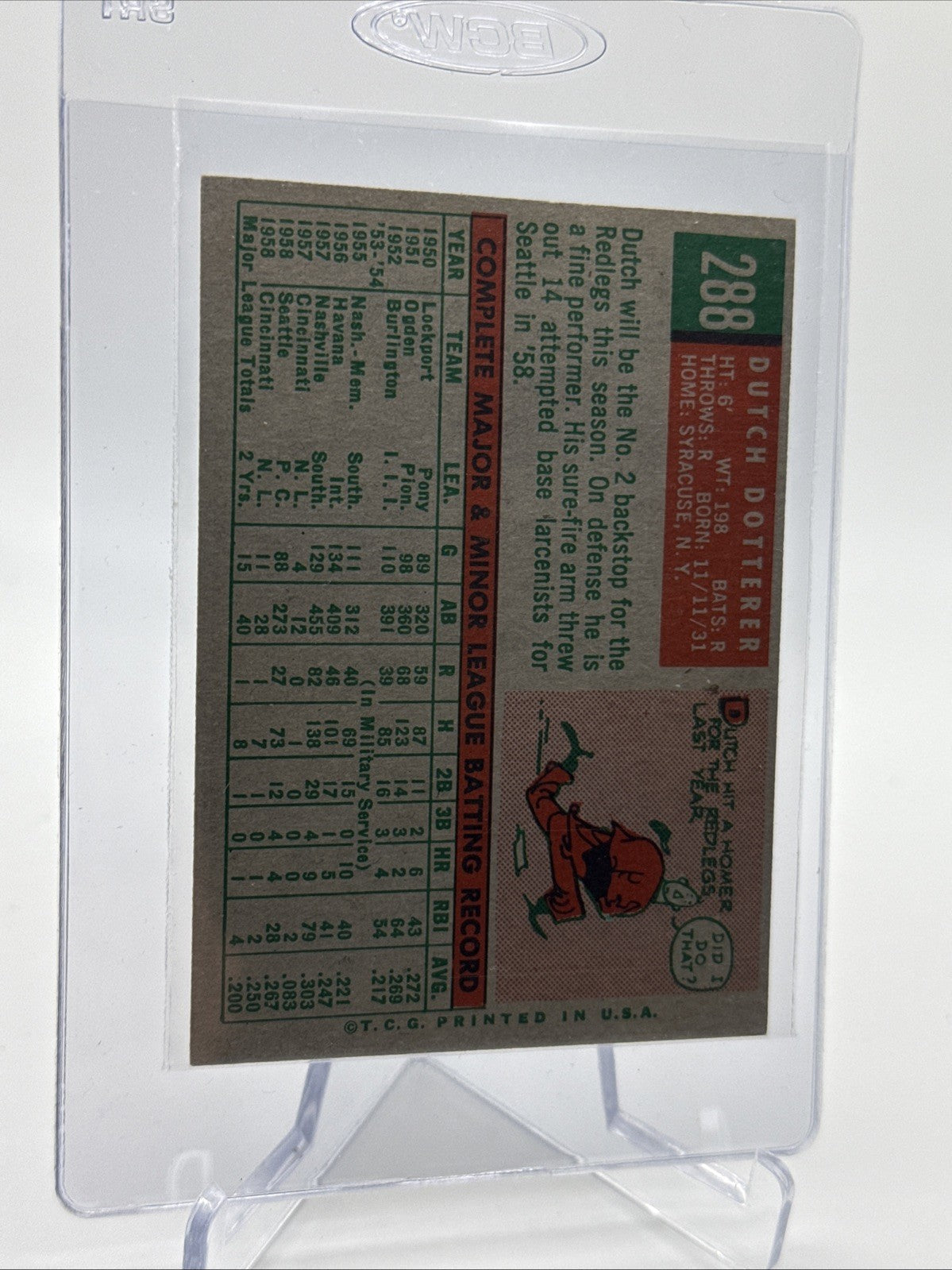 1959 Topps Dutch Dotterer Baseball Card #288 NM Quality FREE SHIPPING