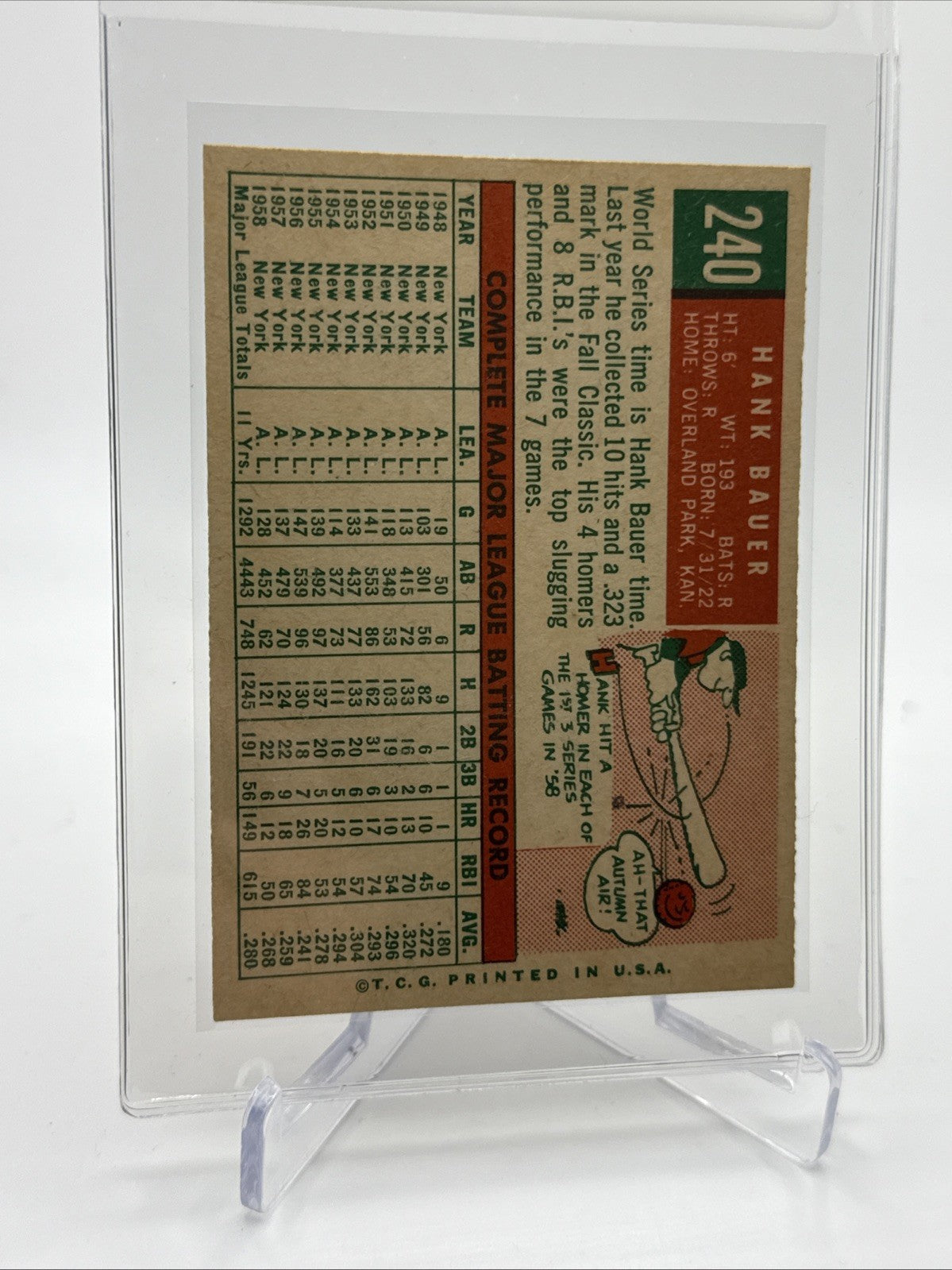 1959 Topps Hank Bauer Baseball Card #240 NM Quality #2 FREE SHIPPING