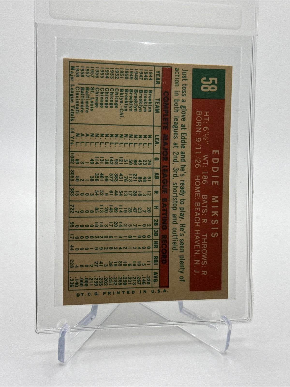 1959 Topps Eddie Miksis Baseball Card #58 NM Quality FREE SHIPPING