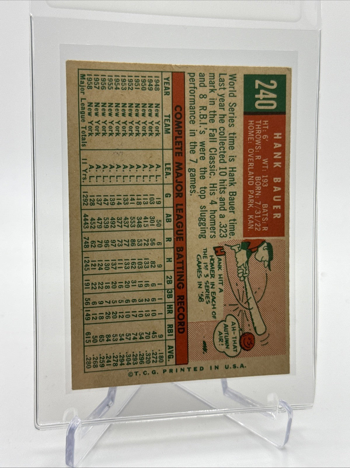 1959 Topps Hank Bauer Baseball Card #240 NM Quality #3 FREE SHIPPING