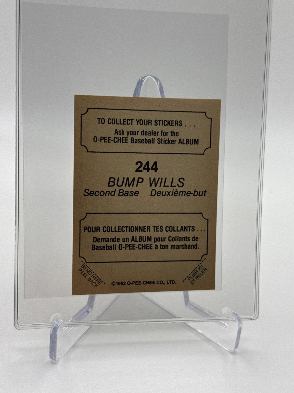 1982 O-Pee-Chee Stickers Bump Wills Baseball Card #244 NM-MT FREE SHIPPING