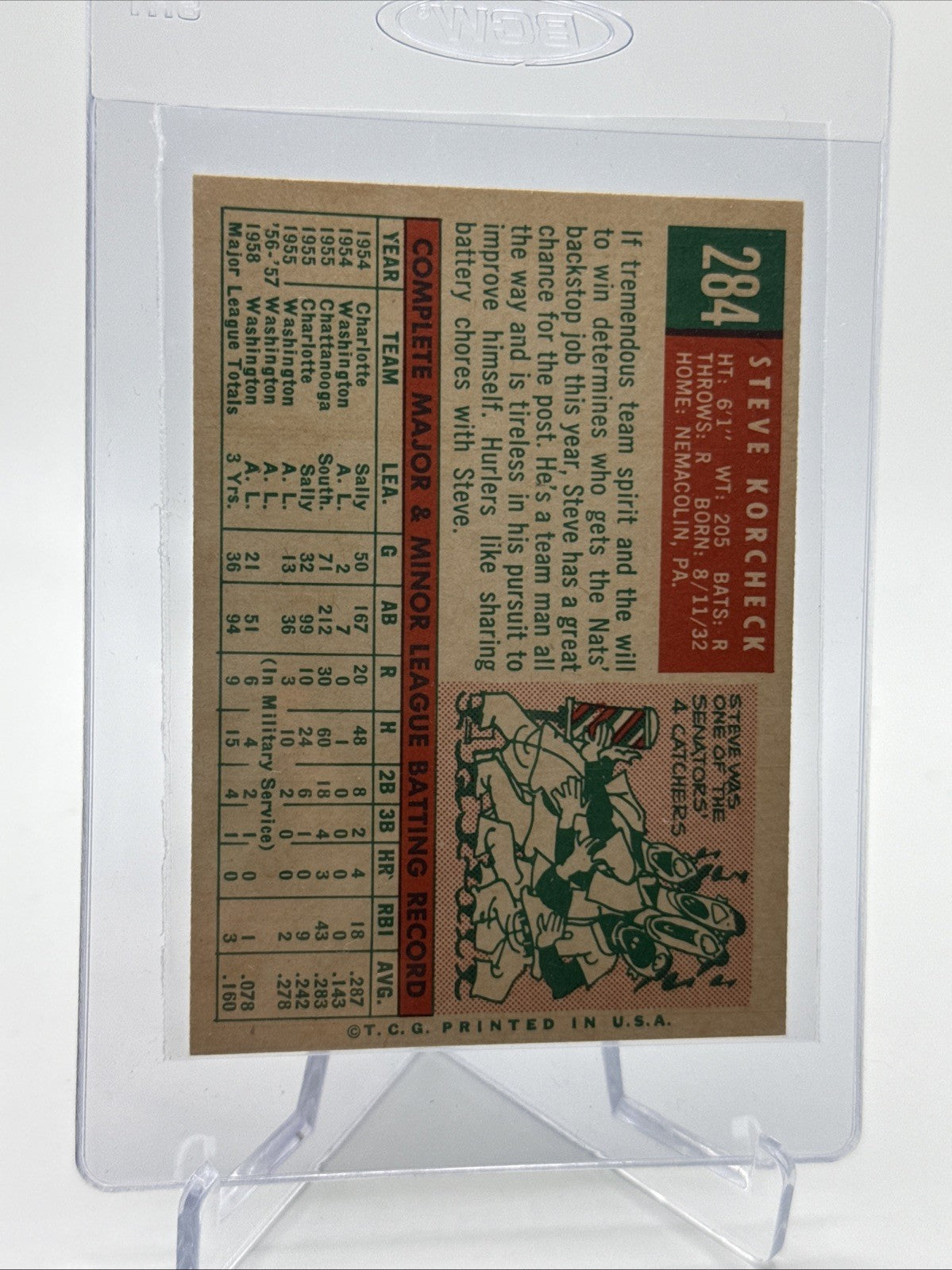 1959 Topps Steve Korcheck Baseball Card #284 NM Quality FREE SHIPPING