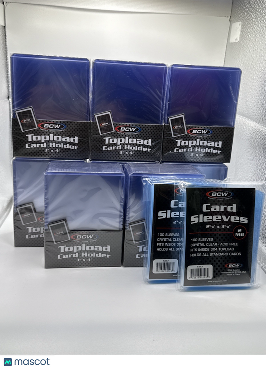 BCW 3X4 35pt Standard Toploaders 8 Packs of 25 (200) with 200 BCW Soft Sleeves