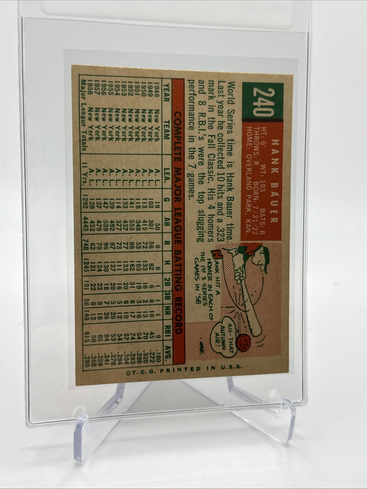1959 Topps Hank Bauer Baseball Card #240 NM Quality #4 FREE SHIPPING