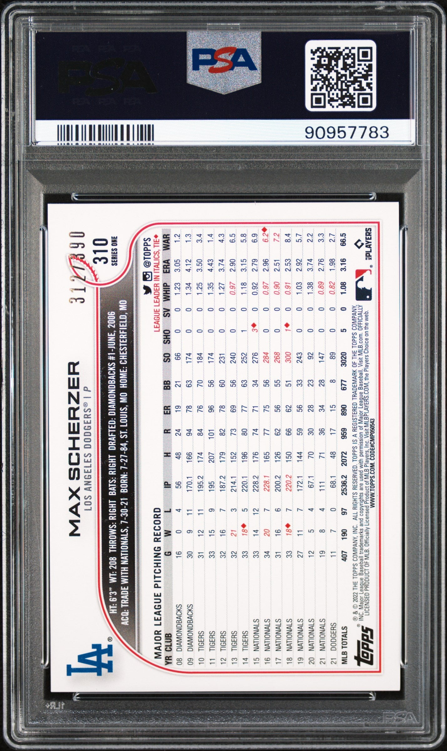 2022 Topps Complete Set Hobby Foilboard Max Scherzer #310 PSA 10 90957783 POP 1