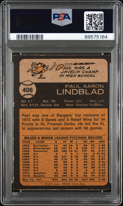 1973 Topps Paul Lindblad #406 PSA A 89575164