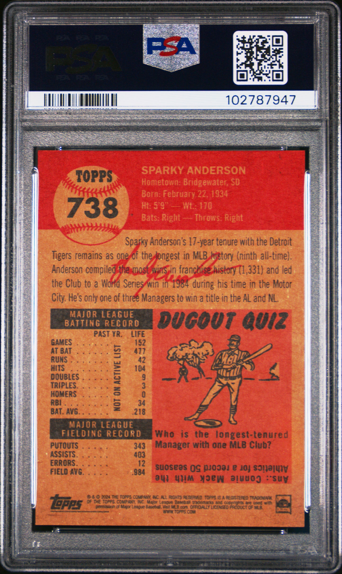 2024 Topps Living Sparky Anderson #738 PSA 9 102787947