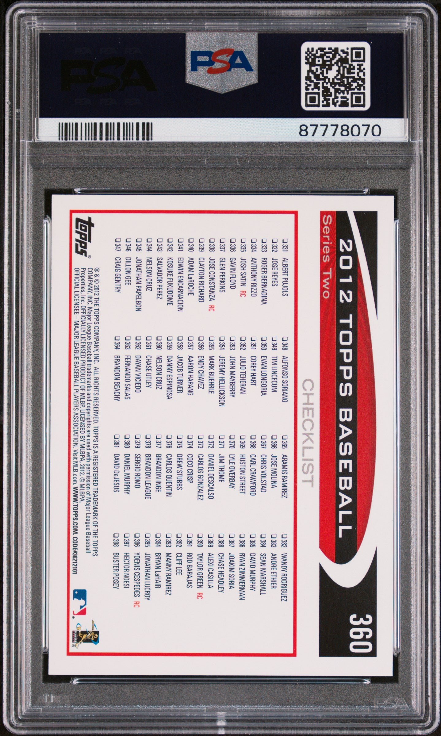 2012 Topps GOLD SPARKLE Nelson Cruz #360 PSA 10 87778070 POP 1