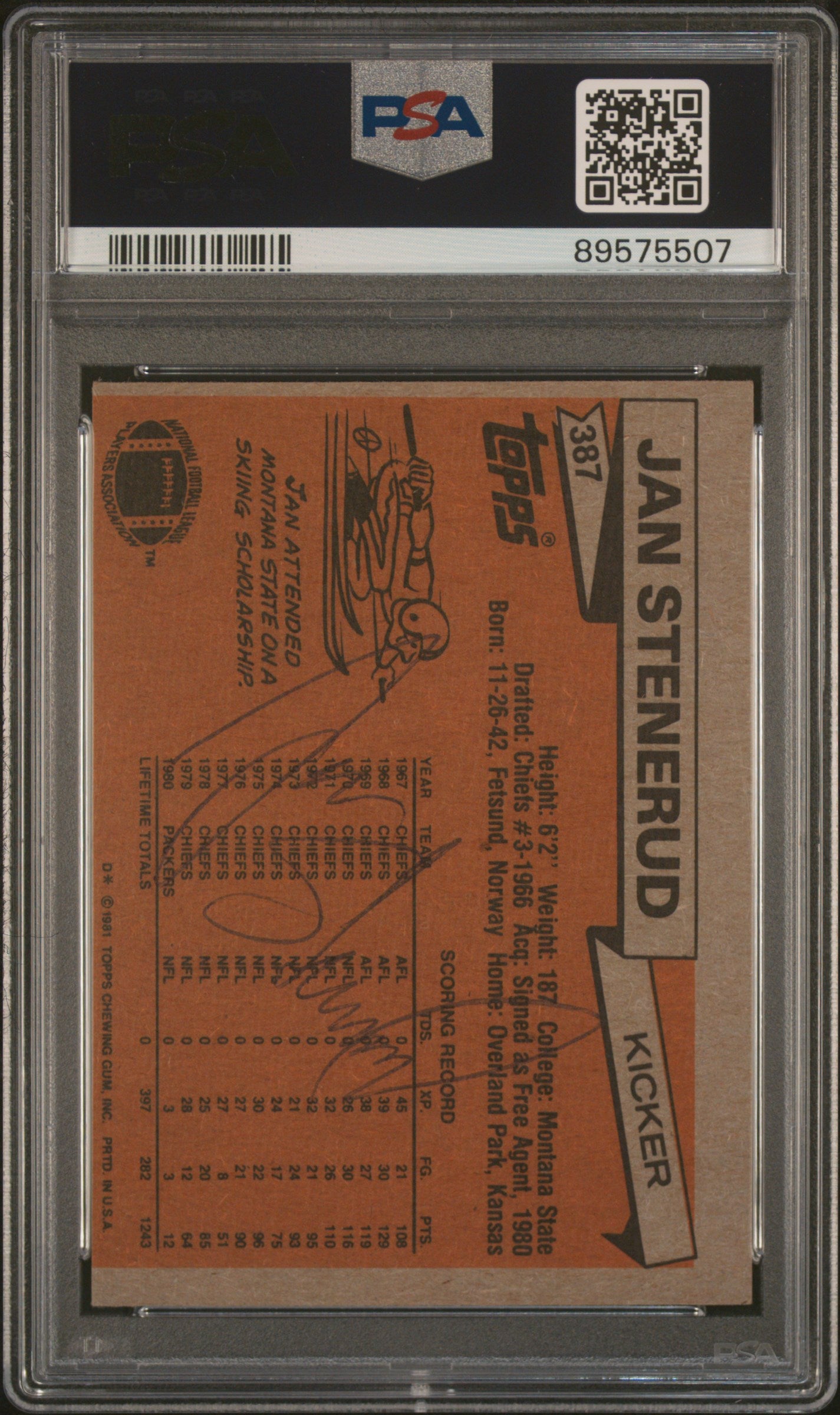 1981 Topps Jan Stenerud Autograph Card #387 PSA/DNA Authentic 89575507