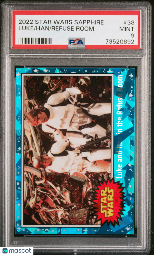 2022 Topps Chrome Sapphire Edition Star Wars Refuse Room Han Luke #38 PSA 9