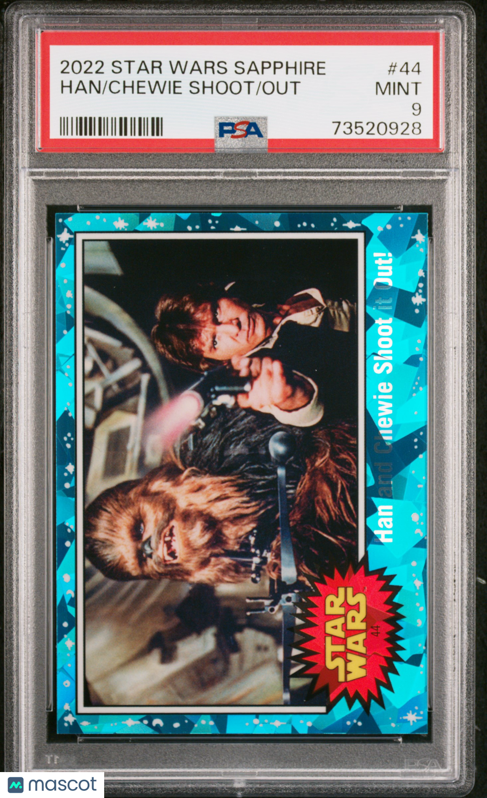 2022 Topps Chrome Sapphire Edition Star Wars Out Chewie Shoot Han #44 PSA 9