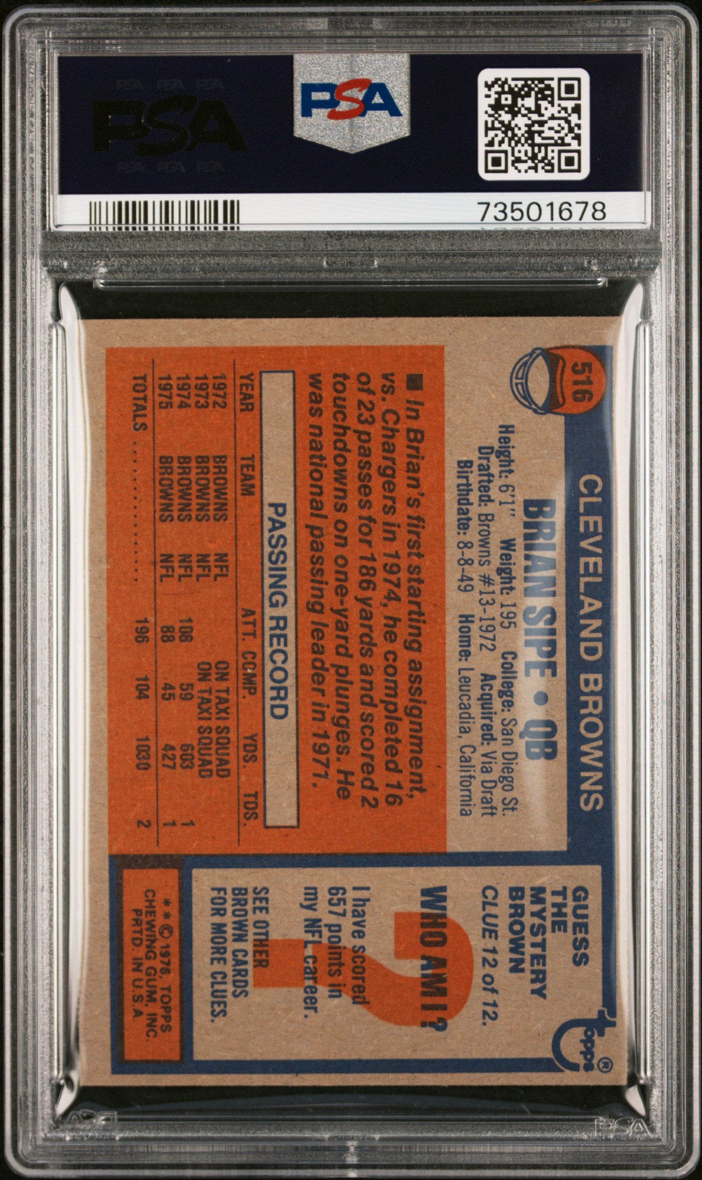 1976 Topps Football Brian Sipe #516 Psa 8 73501678
