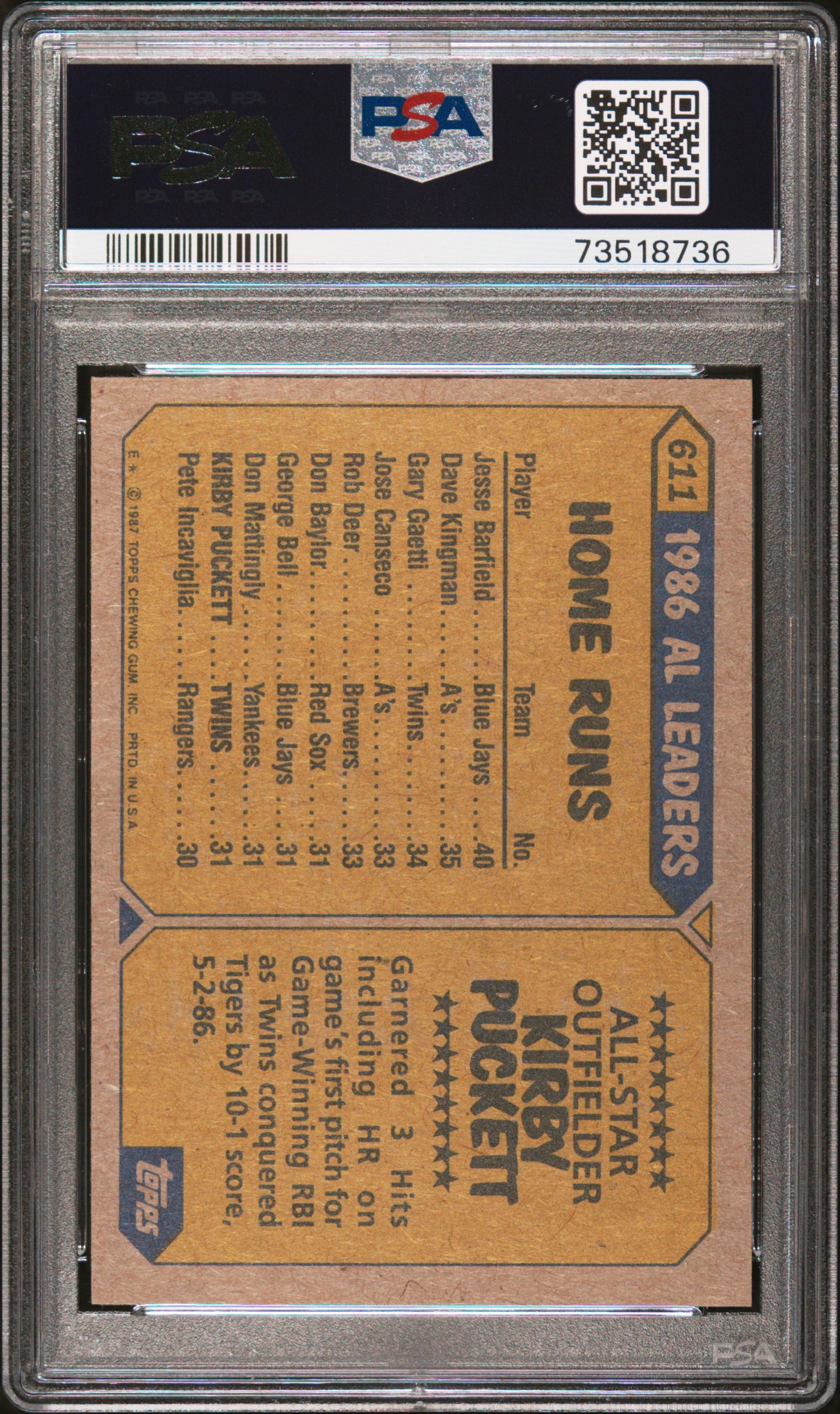1987 Topps Baseball Kirby Puckett #611 Psa 9 73518736